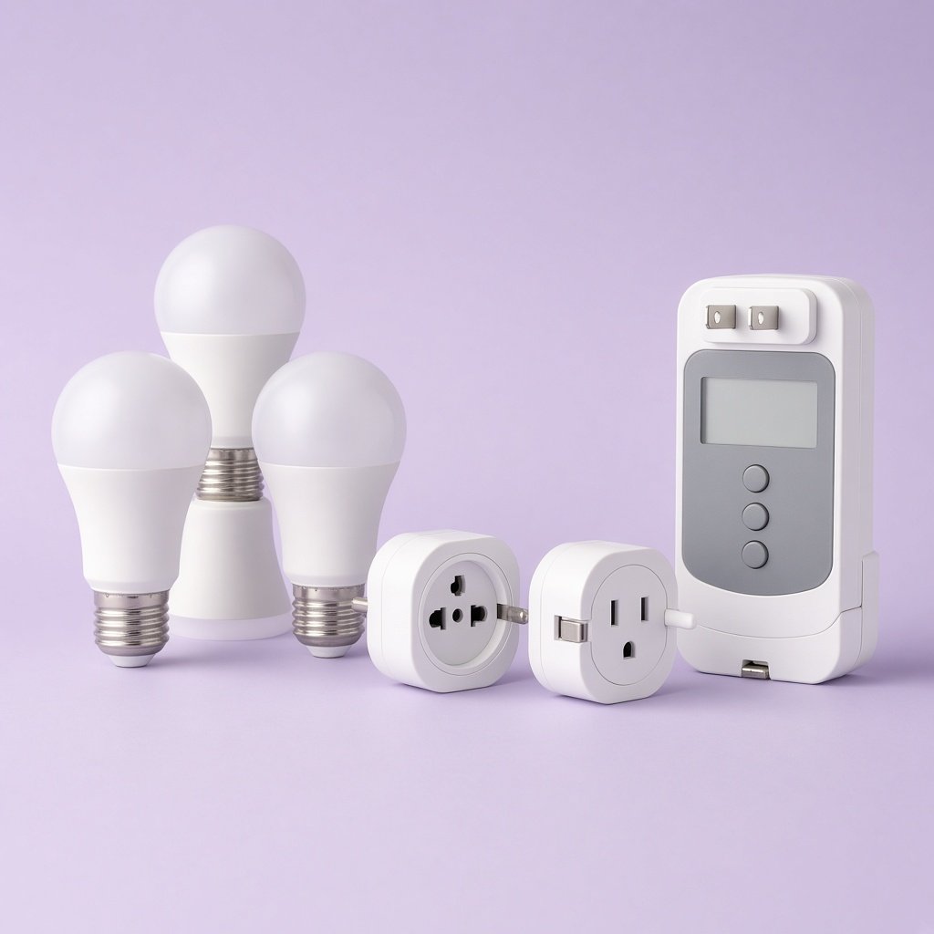 LED bulbs, smart plugs and a watt meter grouped together