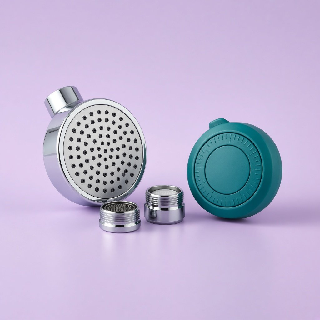 Eco shower head, tap aerators and shower timer grouped together
