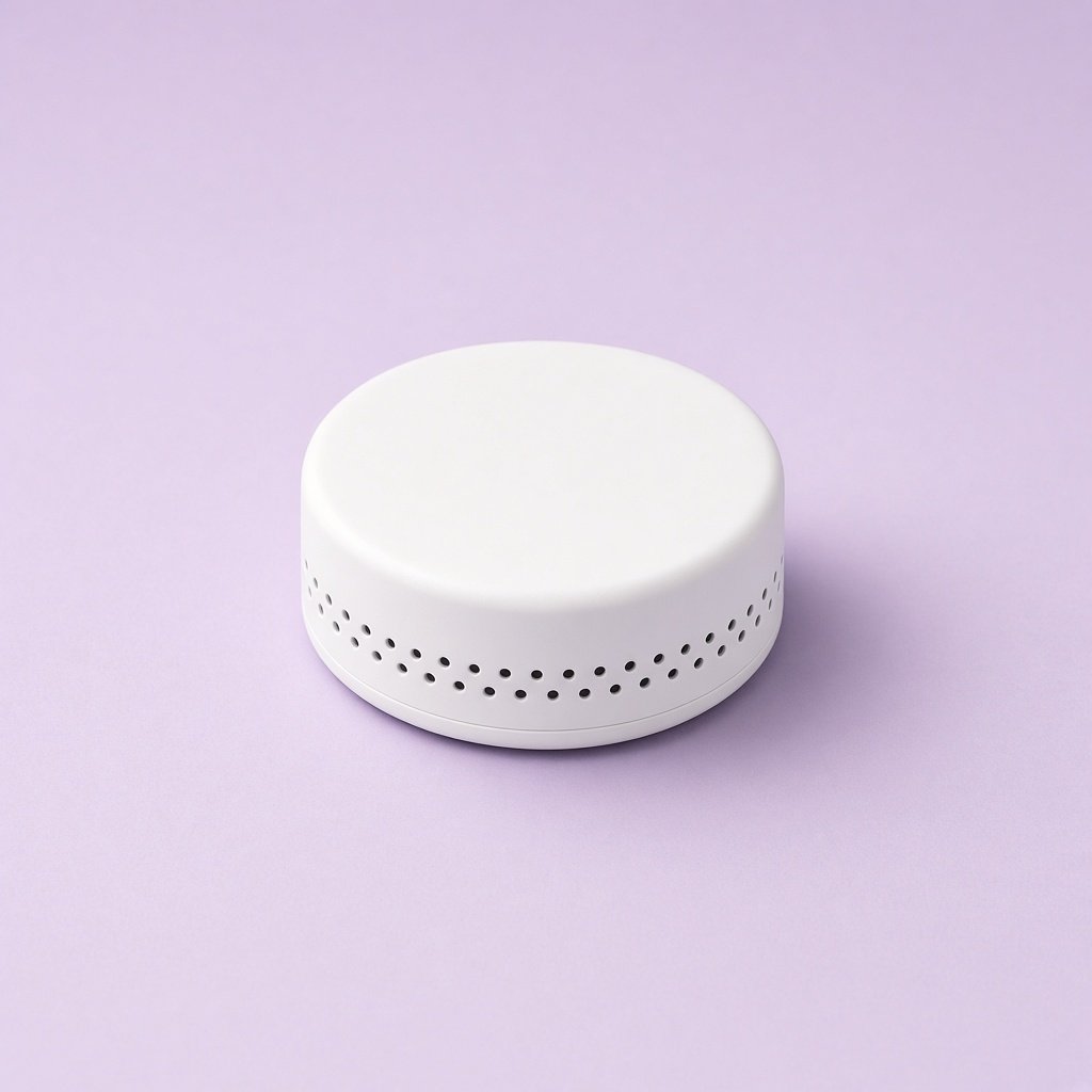 Small white puck-shaped water leak sensor