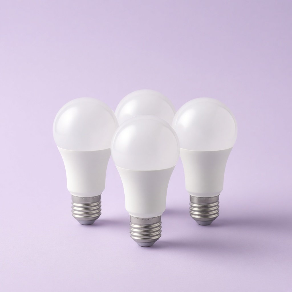 Four frosted LED bulbs on a pale studio background